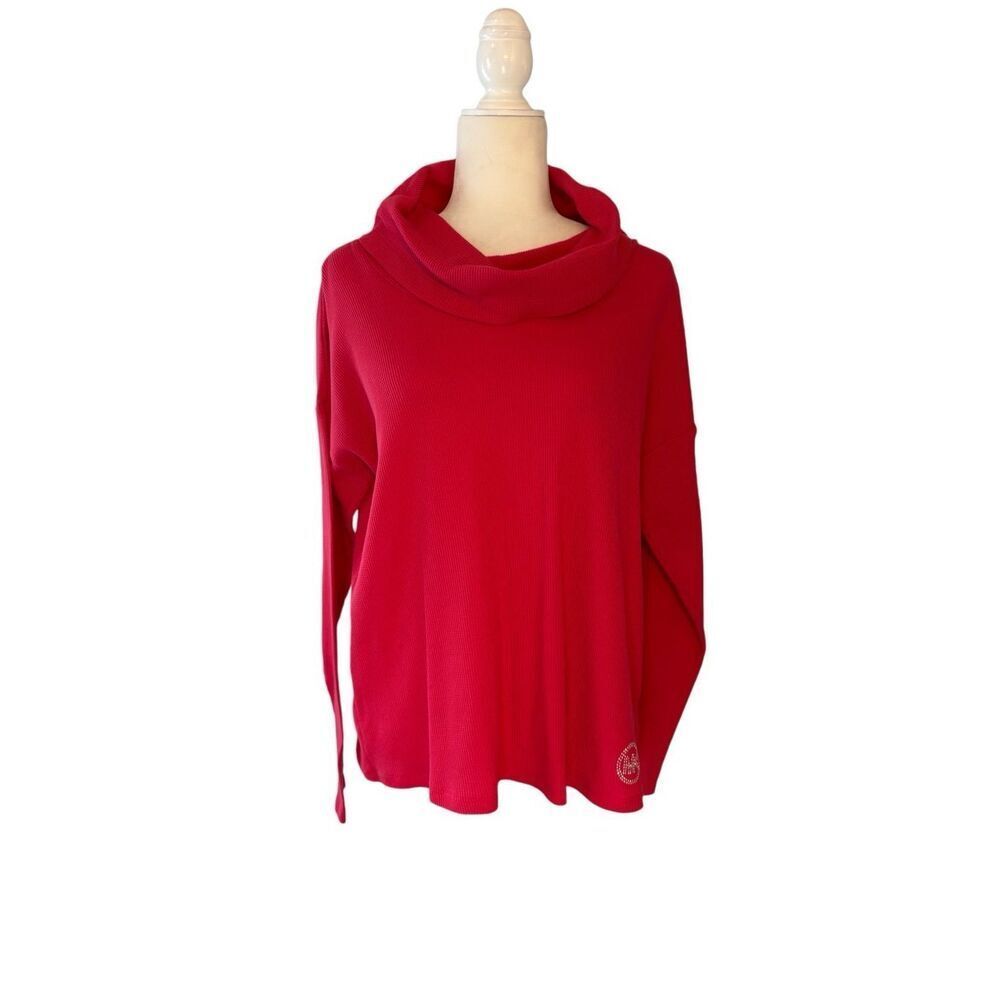 Michael Kors hot pink ribbed long sleeve cowl neck cotton blend top - L